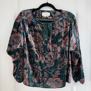 Anthropologie Teal and Mauve Floral Velvet Blouse